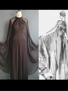 Miss Elliette Brown Floor-Length Evening Gown with Sheer Cape Sleeves